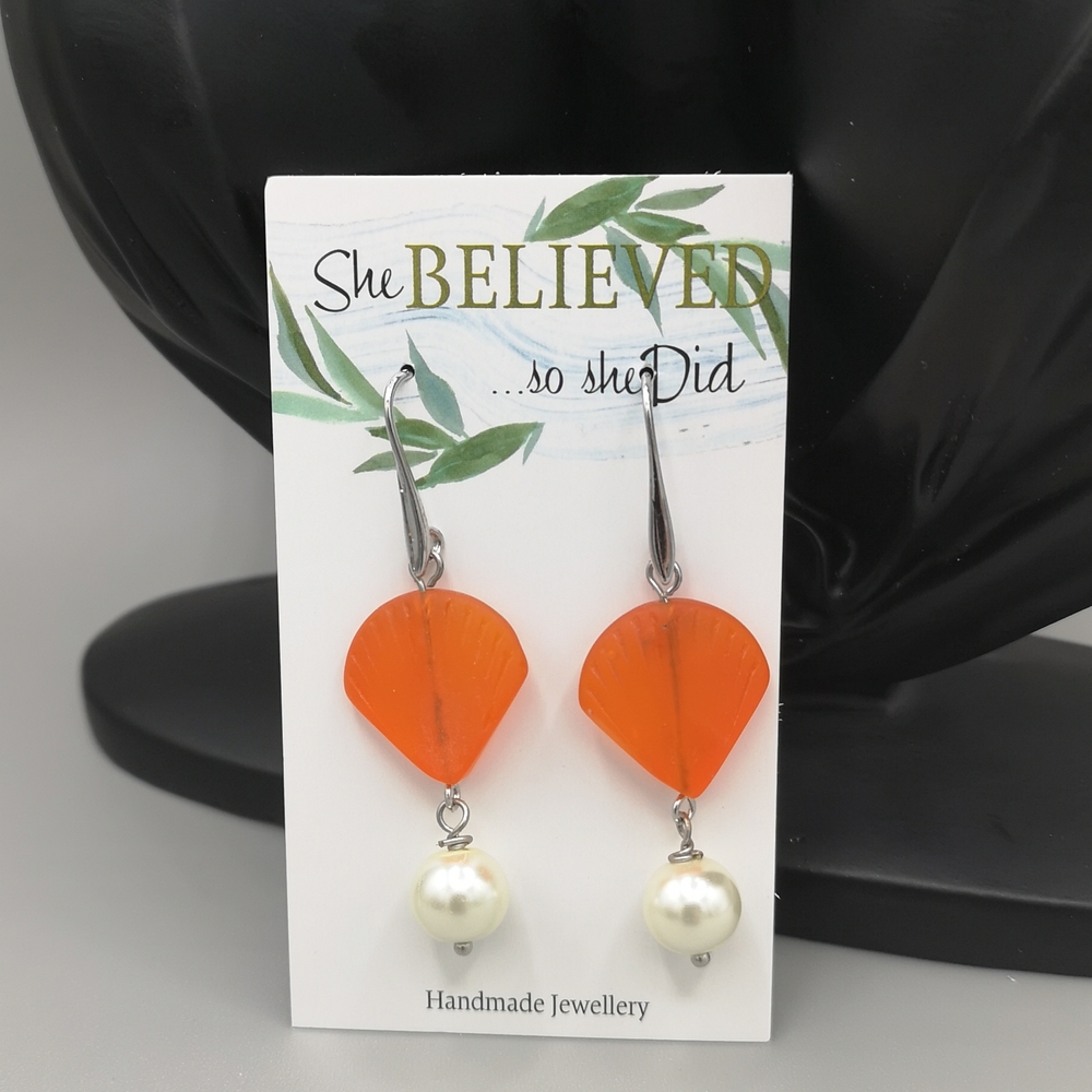 Orange Glass Seashell & Pearl Earrings